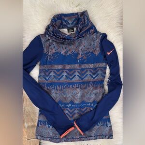 Nike Blue and Orange Cowl Neck Sweater with Nordic Pattern